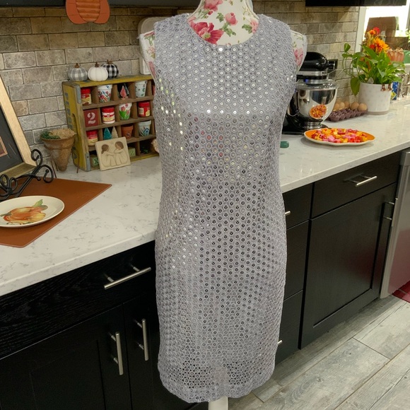 Chico's Dresses & Skirts - Black Label By Chico’s Dress Size 8 Silver Sequin Crochet Sheath Cocktail Party